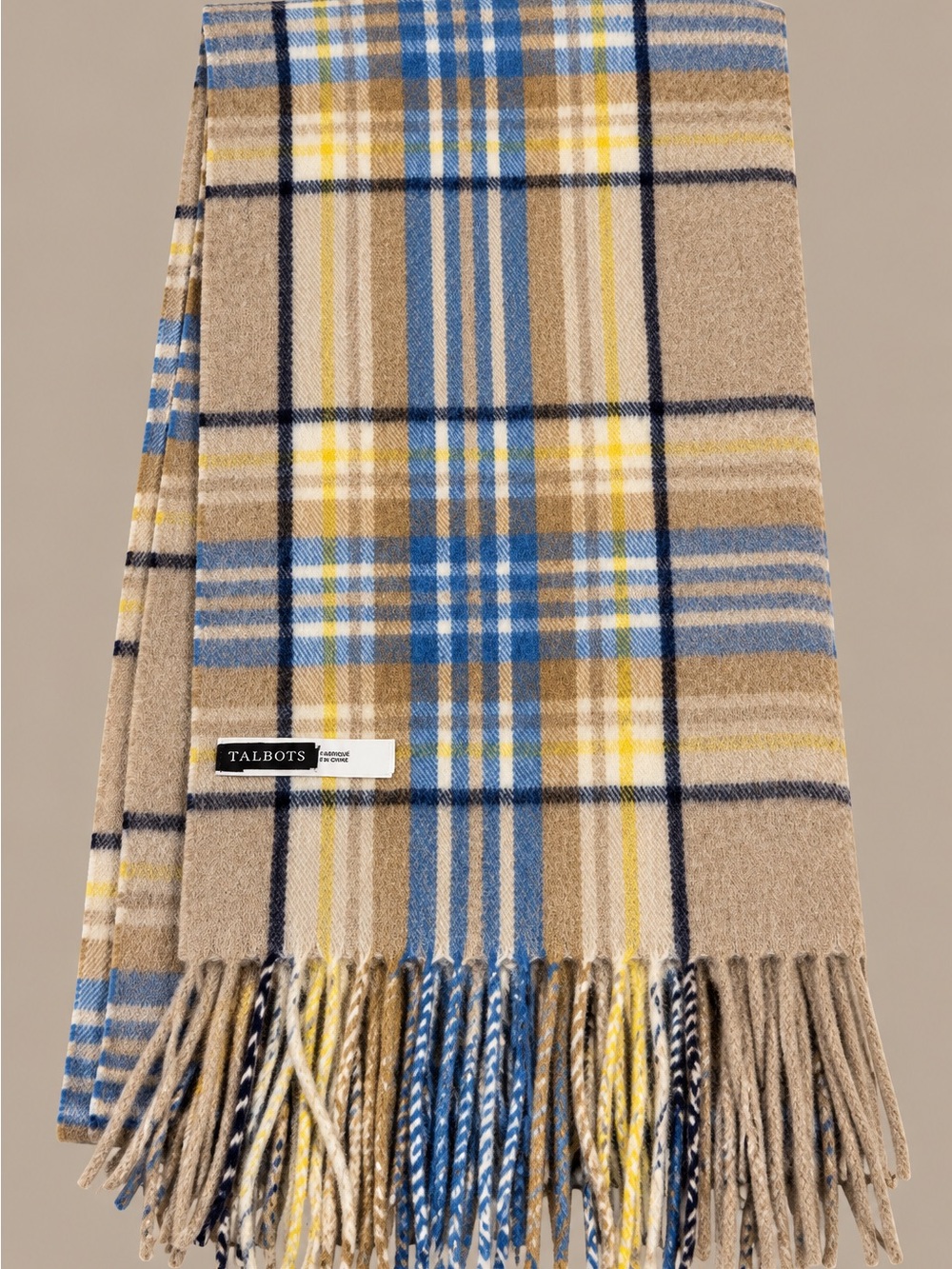 Talbots 100% Cashmere Beige Plaid Throw with Blue and Yellow Accents